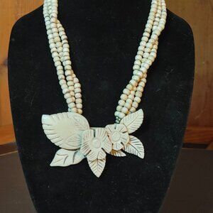 Necklace Vintage Carved Handcrafted Bone Floral Multi Strand Beads  Leaf Design
